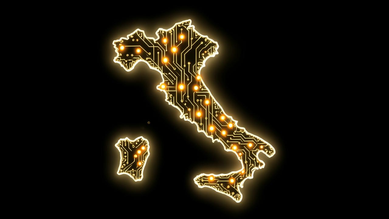 Mappa dell'Italia disegnata con circuiti dorati e nodi luminosi sulle città