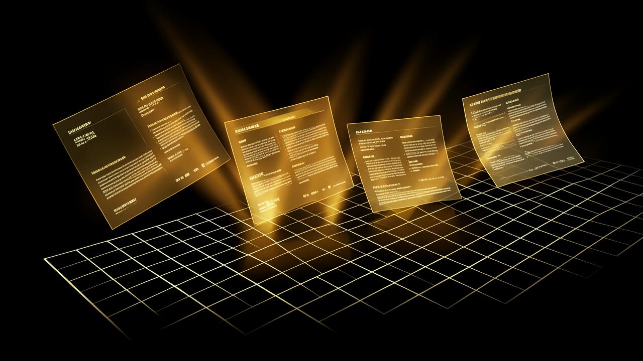 Slide dorate sospese su una griglia luminosa in stile terminale