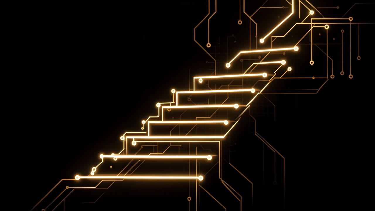 Scala luminosa di sette gradini in oro su fondo nero, metafora della sequenza delle Sette P